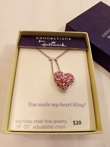Connection from Hallmark Pink/ Clear Crystal Hear Pendant Necklace NIB