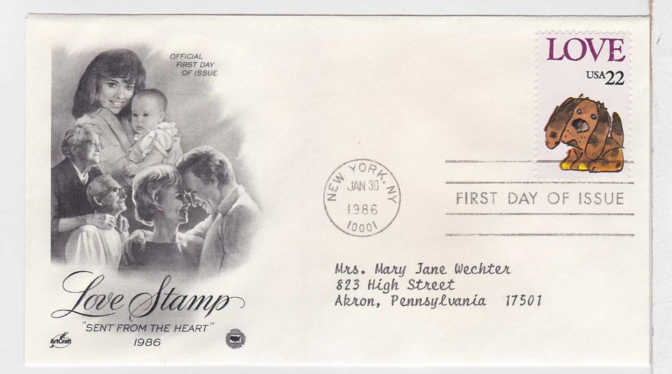 TurtlesTradingPost- Love- Dog 1986 #2202 FDC Artcraft Variety Cachet - Image 1 of 1