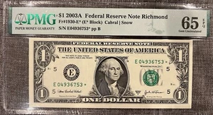 2003A $1 ONE DOLLAR *STAR* NOTE PMG 65 EPQ GEM UNCIRCULATED RICHMOND GRADED - Picture 1 of 2