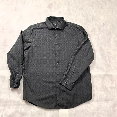 ALFANI Men Large Floral Geometric Dress Shirt Black Gray Button Up Long Sleeve - Image 1 of 4