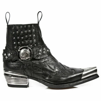 New Rock Boots 7950P-S1 Black Ankle Western Goth Strap Skull Studded Metal Boot - Image 1 of 4