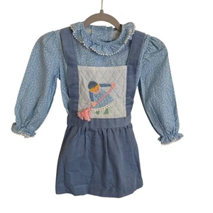 Abito vestito nuovo con etichette vintage Ruth Scharf bambini ragazze blu floreale pinafore taglia 3T - Foto 1 di 6