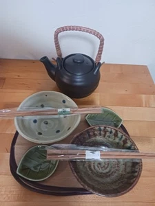 Juego de servir japonés para 2 tetera de gres arroz soja platos palillos - Imagen 1 de 21