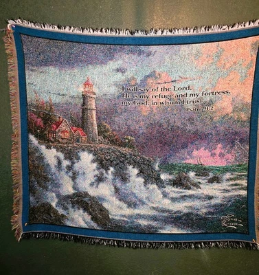 Thomas Kinkade- Tapeçaria Jogue Bíblia em Branco Salmo 91:2 Farol Oceano 55"×48" - Imagem 1 de 4