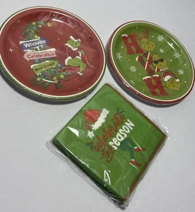 Juego de vajilla de 64 piezas temática Grinch. Platos de papel decorativos. Premium, peso pesado - Imagen 1 de 3