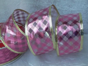 Wire Edge Ribbon Bow Rose and Gold 2" Wide 25 Yds Long, Plaid Ribbon, #413 - Picture 1 of 5