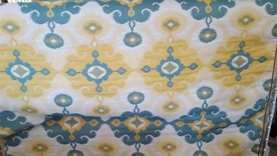   COTTON IKAT WOVEN TAPESTRY YELLOW CREAM TEAL UPHOLSTERY FABRIC - Image 1 of 4