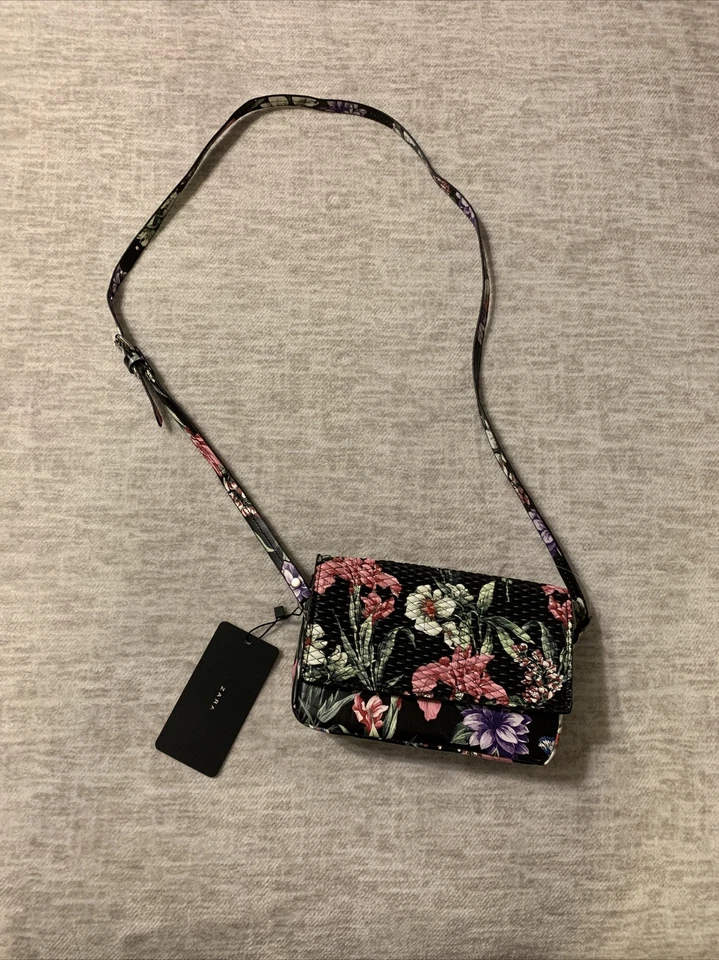 Women Zara Crossbody Bag Quilted Black Floral Faux Leather Purse