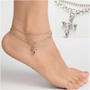 Cross Anklet Ankle Bracelet Silver Chain Jewellery Girls Ladies Gift Holiday UK