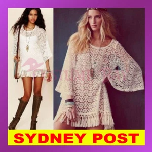 Vintage Sexy Hippie Boho Bell Sleeves Gypsy Floral Fringe Lace Crochet MiniDress - Picture 1 of 7