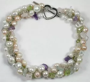 STATEMENT Pearl Peridot Blue Topaz Bracelet Sterling Silver Wedding Jewelry - Picture 1 of 1