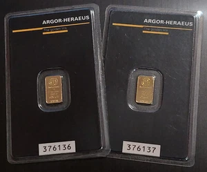 Lote de tarjetas billetera lingote selladas Argor Heraeus ORO 2 secuenciales # 1 gramo .9999 barra - Imagen 1 de 2
