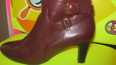 Chaps Cassady Brown Leather High Heel Buckle-Zip up Ankle Booties Size 8 - Image 1 of 4