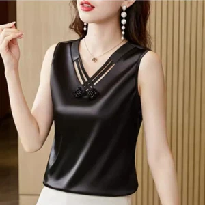 Stile Etnico Donna Finta Seta Canottiera Top senza Maniche Camicie Chemise Basic - Bild 1 von 12