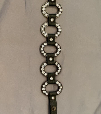 Rhinestones Blk Leather Adjustable Bracelet Snap Back Vtg Some Wear On Back Side - Image 1 of 4