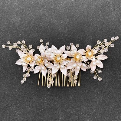 Bridal Flower Side Combs Pearl Metal Leaf Floral Wedding Hair Pin Piece Acces... - Image 1 of 4