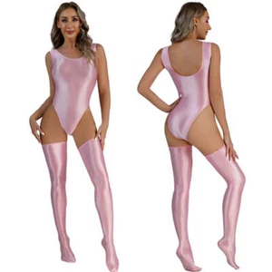 Women Sleeveless Oil Shiny Glossy Bodysuit High Cut Leotard Thigh-Highs Lingerie - Picture 1 of 20