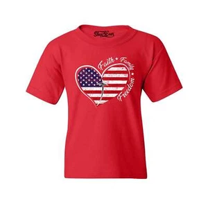 Faith Family Freedom American Flag Heart Youth's T-Shirt 4th of July Shirts - Picture 1 of 5