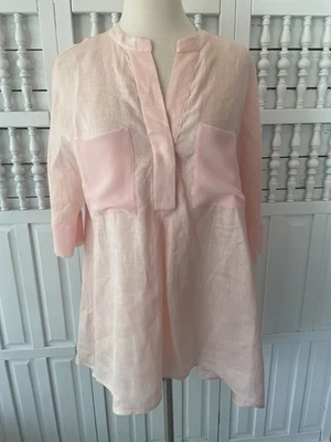 ANNE KLEIN women's small pink 100% linen, polyester accents Hi-Low blouse, a29 - Image 1 of 4