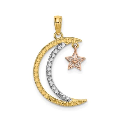 Colgante Estrella Luna Oro Dos Tonos 14k para Mujer Texturizado Celestial Islámico Dije Foto 1 de 4
