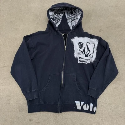 Y2K Volcom Black Graphic Print Zip Up Hoodie, Size L, Skater/Cybercore - Image 1 of 4