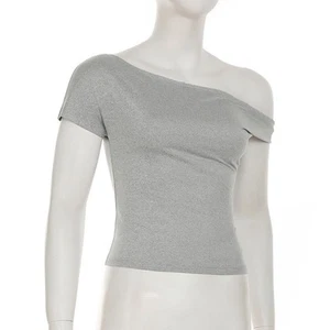 Simple Grey Casual Tops for Women with Oblique Collar and Short Sleeves - Picture 1 of 6