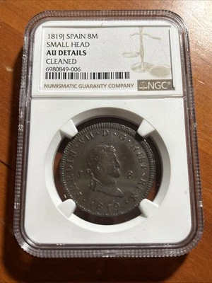 Spain 1819 J 8 Maravedis - NGC AU Details - Small Head - Image 1 of 4
