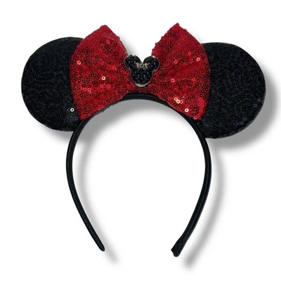 Disney Orejas de Minnie Mouse Diadema Negro Lentejuelas Orejas Rojo Lazo Dije Adulto o Niño Foto 1 de 4