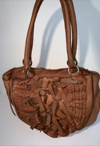Lucky Penny Anthropology Leather Fringe Large Hobo Bag Patterned Fabric Lined - Picture 1 of 13