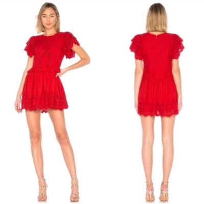 Мини-платье Tularosa Revolve Paula кружевное с вышивкой с оборками красное размер средний - Изображение 1 из 4
