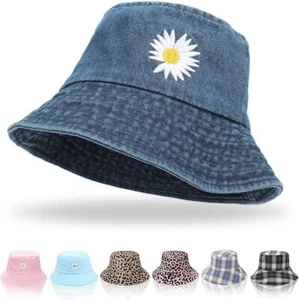 Fidra Ladies Denim Blue festival, summer Bucket Hat with flower 100% cotton,