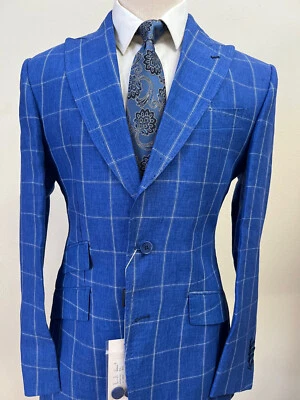 Traje de lino de lujo con ventana azul con solapa de pico ancho y bolsillo para boletos Foto 1 de 4