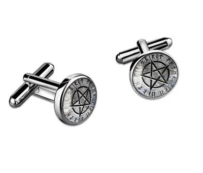 Cryptic Pentagram Cufflinks - Silver Gothic Horror Cufflink Set w/Box - 161 - Image 1 of 2