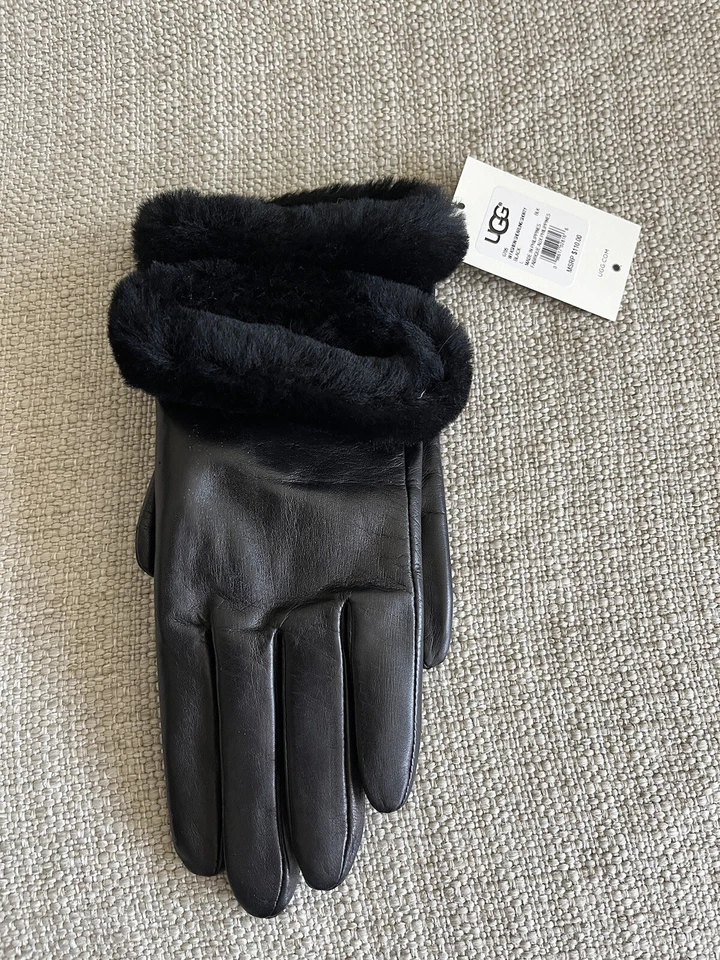 UGG Australia Black Leather Shorty Shearling Trim Gloves Large