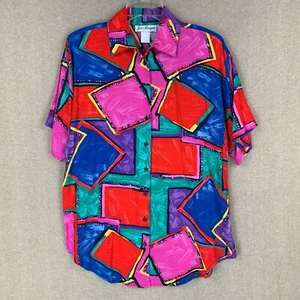 Vintage Womens Top 10 or Medium 80s 90s Colorblock Button Up Short Sleeve Padded - Picture 1 of 12