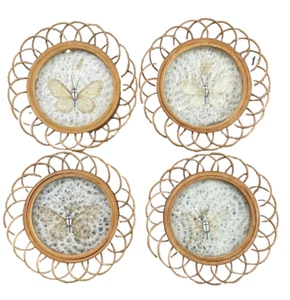 Vintage Pressed Butterfly Coasters Wicker Bamboo Boho Set Of 4 - Picture 1 of 8