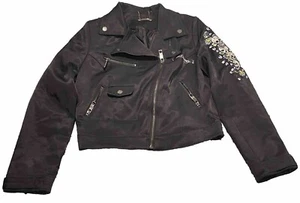 Ed Hardy Christian Audigier Motorcycle Jacket Blk Skull Studded Rhinestone Sz M - Picture 1 of 10