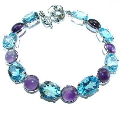 Pulsera de topacio azul suizo de plata de ley 925 hecha a mano con piedras preciosas 33,2 g Foto 1 de 4