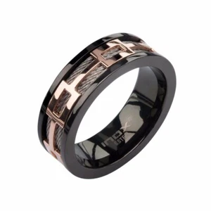 Inox Mens Ring Black Rose Gold IP Stainless Steel Cable - Picture 1 of 4