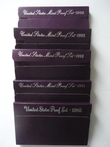 5 Sets  LOT of 1985-1993 U.S. Proof Sets in ORIGINAL Mint Boxes Cover