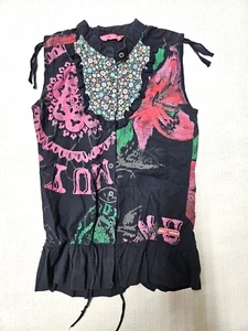 Muy Malo Black Floral Button Down Sleeveless Cotton Top Blouse Peplum 152 12 - Picture 1 of 3