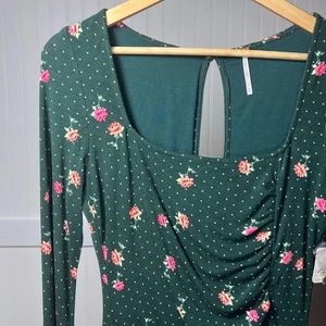 Nuevo con etiquetas Mini Vestido Free People Celia Verde Esmeralda Floral Lunares Manga Larga - Imagen 1 de 13