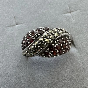 Vintage Kuppelring Gr. 8,5NF 925 Thailand Sterling Silber Granat Art DECO STIL - Bild 1 von 16