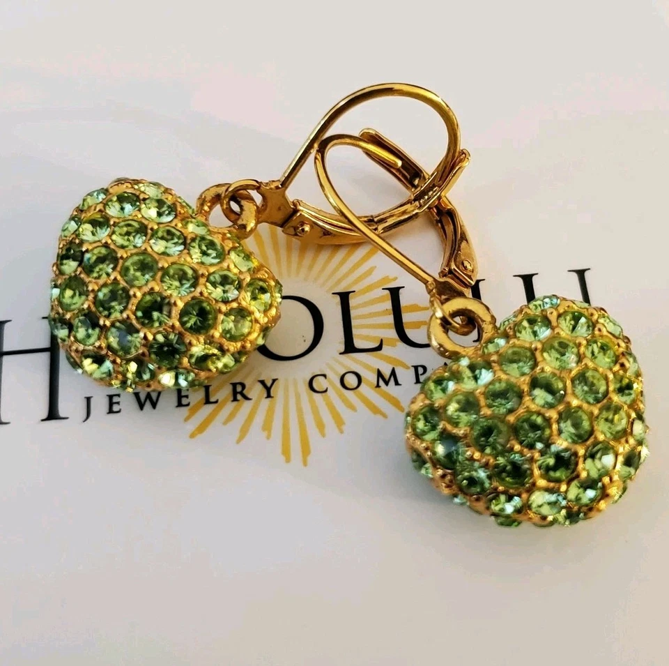 Joan Rivers Heart Earrings Swarovski Crystals Goldtone Peridot Green Dangling - Image 1 of 3