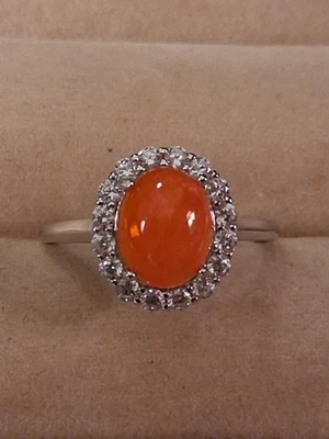 Cabujón de ópalo naranja 10x8 mm y circonitas circonitas simuladas, placa de plata de ley 925, 8 KWG Foto 1 de 4