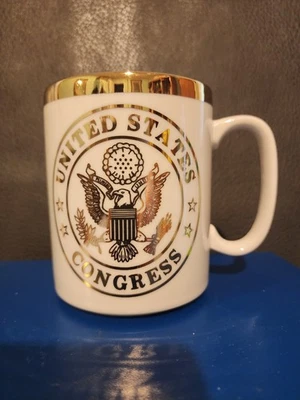 Taza de té de café del Congreso de los Estados Unidos taza metálica lámina dorada marfil alrededor de los años 90 Foto 1 de 4
