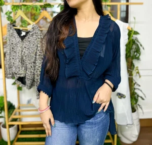 IRO Pleated Lace Shirt Blouse Top Ruffle Solid Asymmetrical Sheer S36 NWT 266940 - Picture 1 of 7