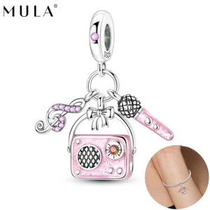 MULA Pink Audio Mikrofon Hinweis Charm CZ 925 Sterling Silber für Frauen Armband - Picture 1 of 6