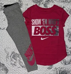 Girls Nike Pink “Show Em Who’s Boss” T-Shirt & Gray Leggings Set - Sz/ 4 - Picture 1 of 6