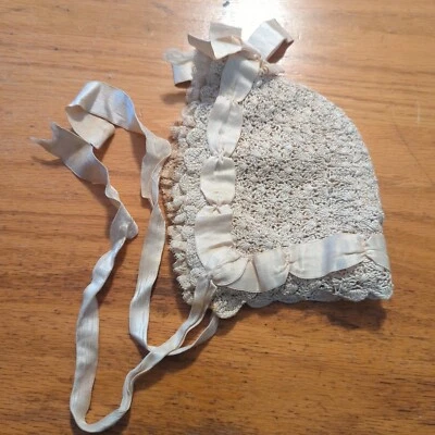 VTG Antique Hand Crochet Christening Baby Bonnet Ivory - Image 1 of 2